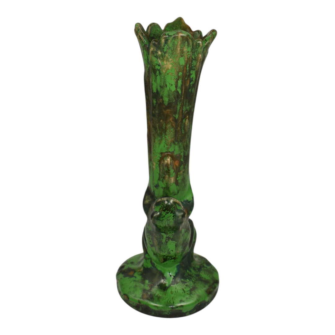 Weller Coppertone 1920s Arts And Crafts Pottery Ceramic Climbing Frog Bud Vase - Just Art Pottery