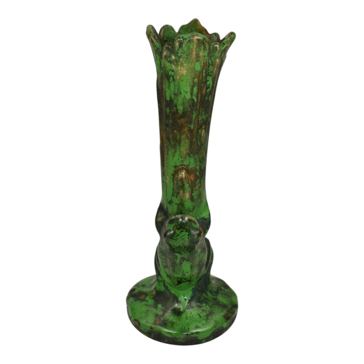 Weller Coppertone 1920s Arts And Crafts Pottery Ceramic Climbing Frog Bud Vase - Just Art Pottery