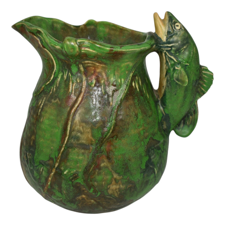 Weller Coppertone 1920s Vintage Art Pottery Green Fish Handled Pitcher