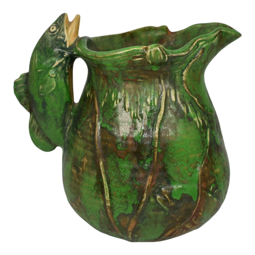 Weller Coppertone 1920s Vintage Art Pottery Green Fish Handled Pitcher