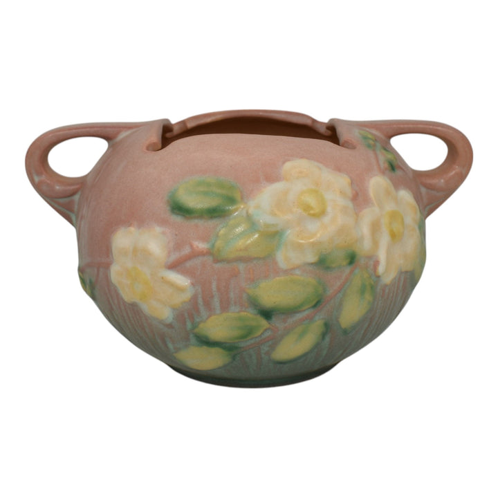 Roseville White Rose Pink 1940 Vintage Mid Century Modern Pottery Bowl 387-4 - Just Art Pottery