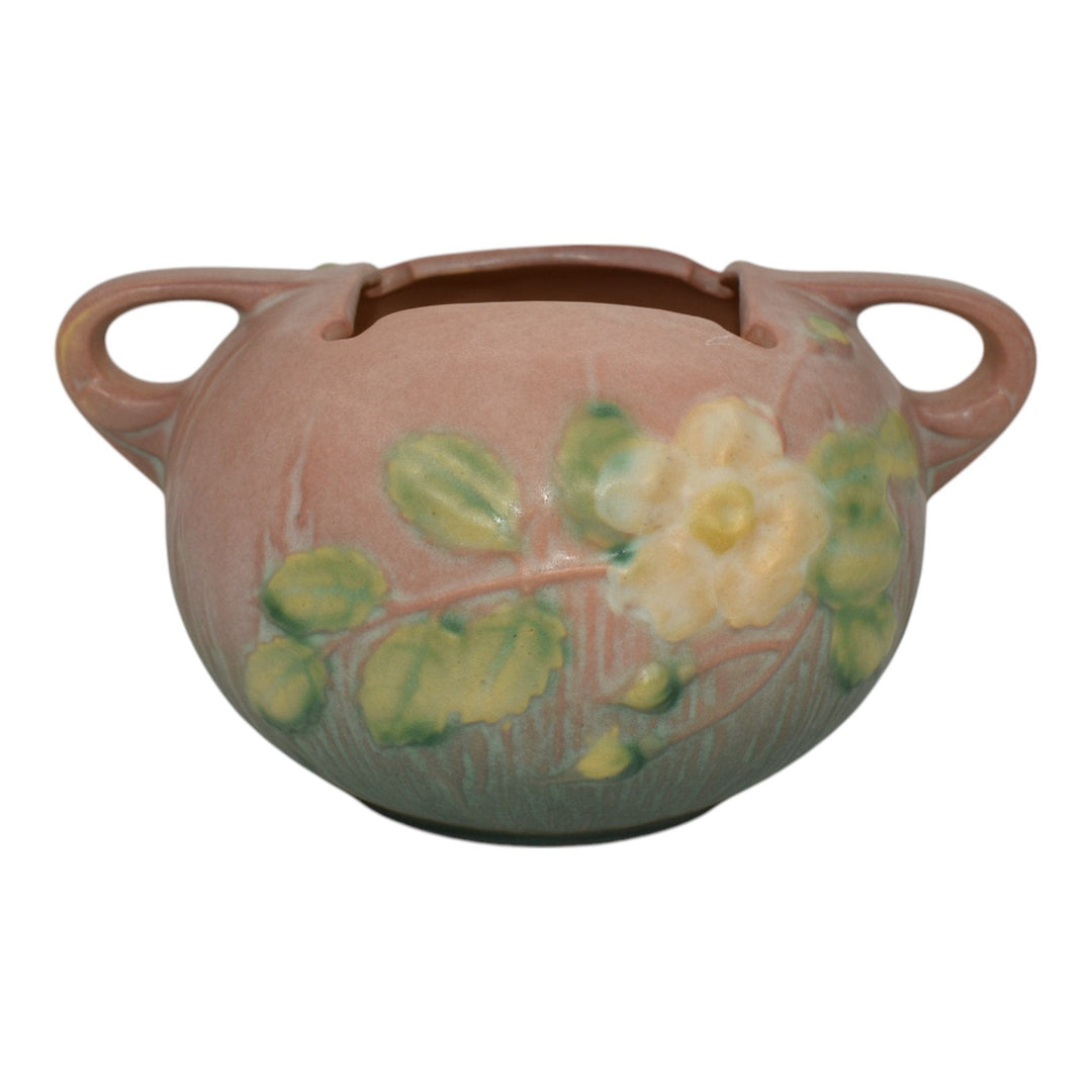 Roseville White Rose Pink 1940 Vintage Mid Century Modern Pottery Bowl 387-4 - Just Art Pottery