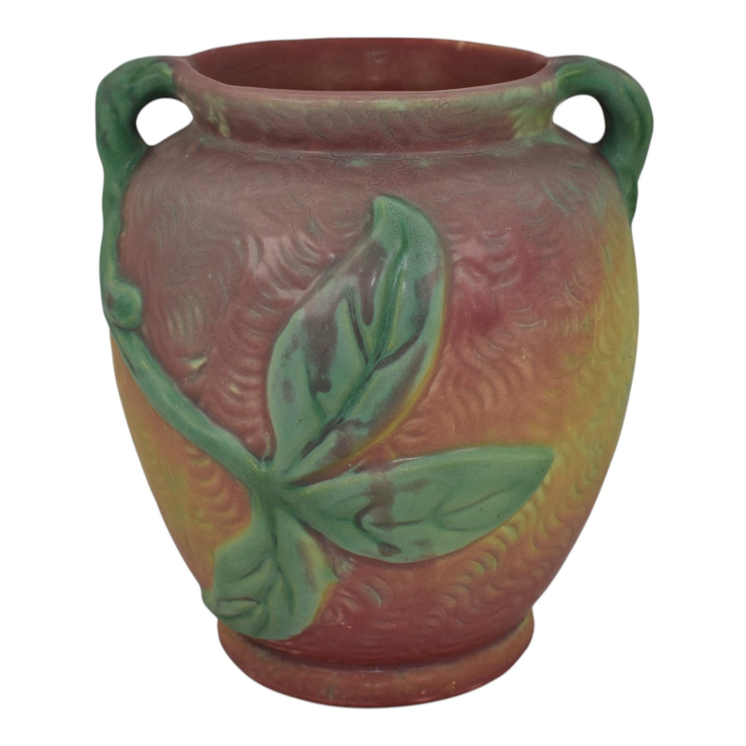 Weller Malverne 1920s Vintage Pottery Floral Red Green Ceramic Handled Vase - Just Art Pottery