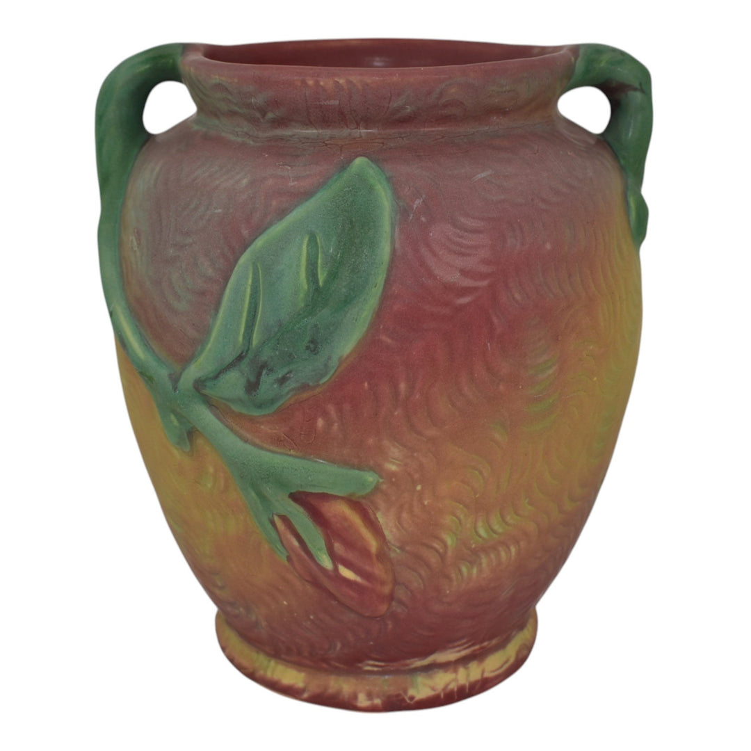 Weller Malverne 1920s Vintage Pottery Floral Red Green Ceramic Handled Vase - Just Art Pottery