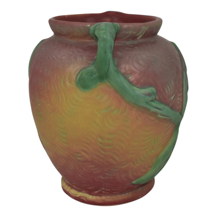 Weller Malverne 1920s Vintage Pottery Floral Red Green Ceramic Handled Vase