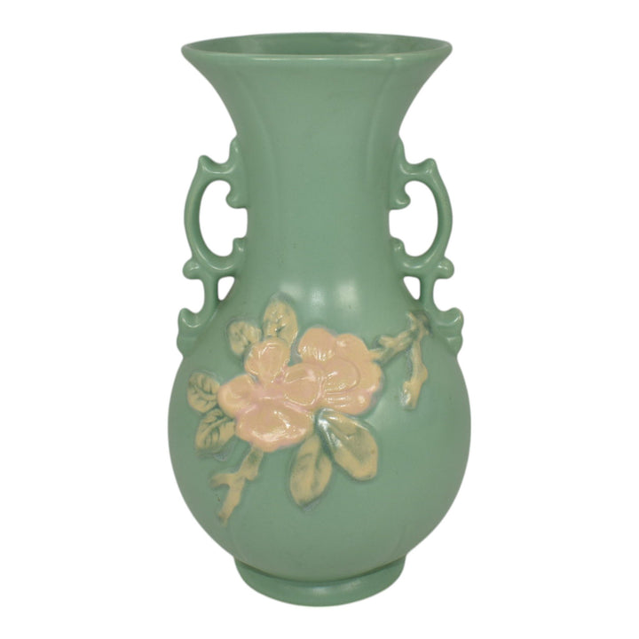 Weller Cameo Late 1930s Vintage Art Deco Pottery Green Ceramic Handled Vase - Just Art Pottery