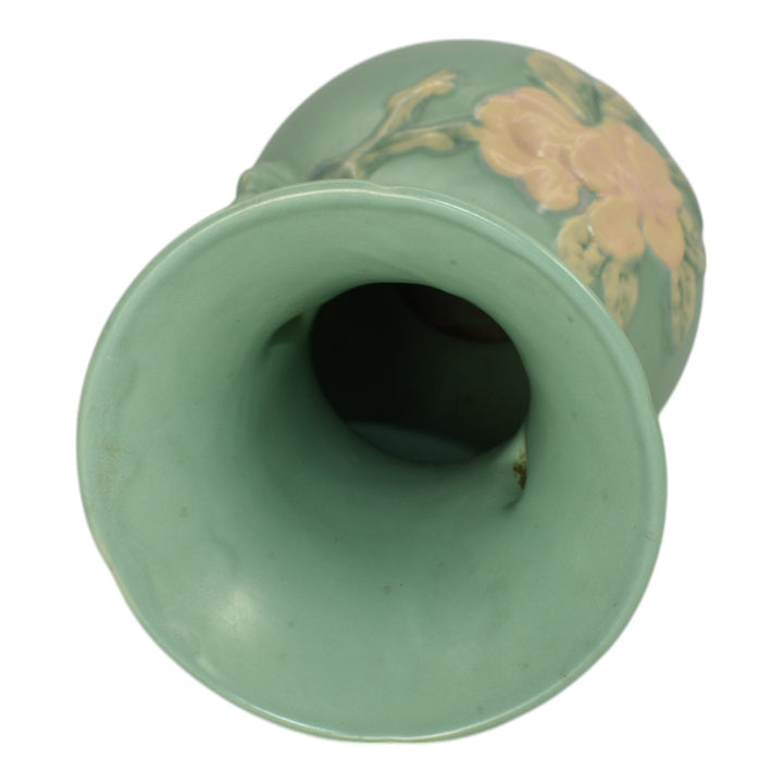 Weller Cameo Late 1930s Vintage Art Deco Pottery Green Ceramic Handled Vase - Just Art Pottery