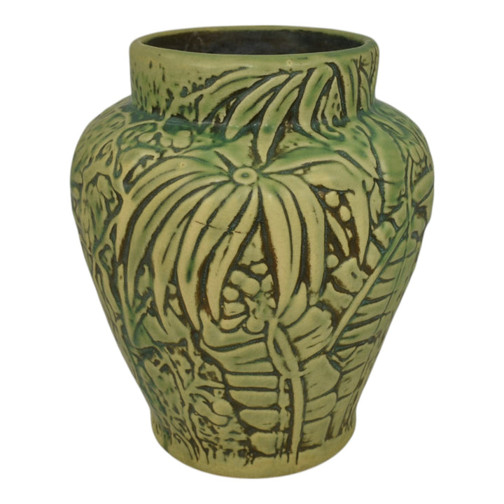 Weller Marvo 1920s Vintage Art Deco Pottery Green Leaves Palm Frond Ceramic Vase