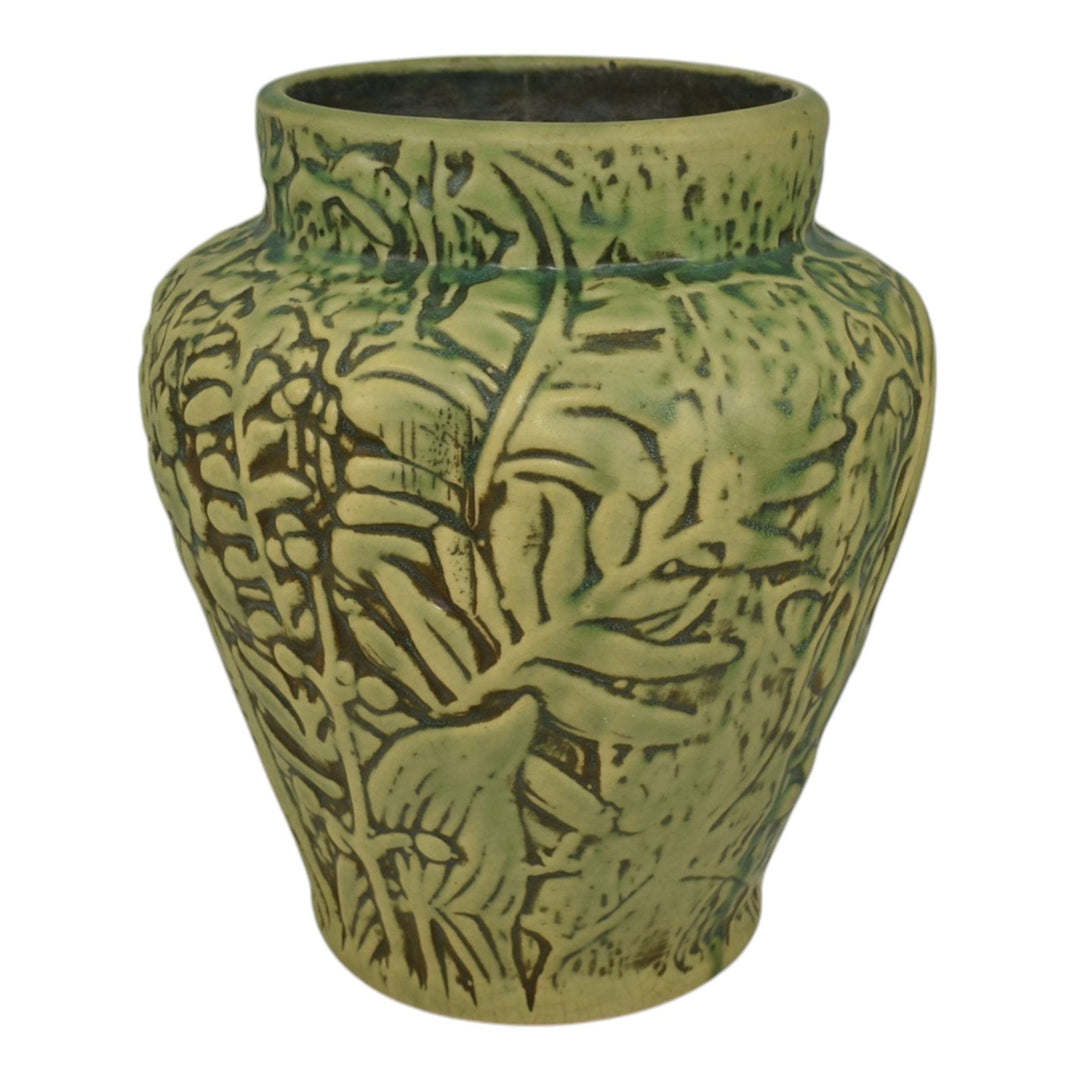 Weller Marvo 1920s Vintage Art Deco Pottery Green Leaves Palm Frond Ceramic Vase