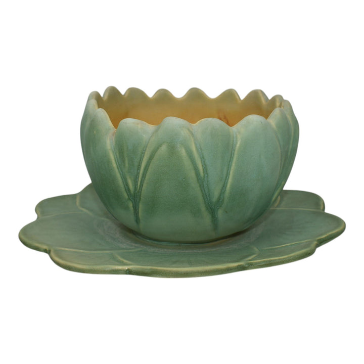 Weller Pumila 1920s Vintage Art Pottery Green Ceramic Water Lily Console Bowl - Just Art Pottery