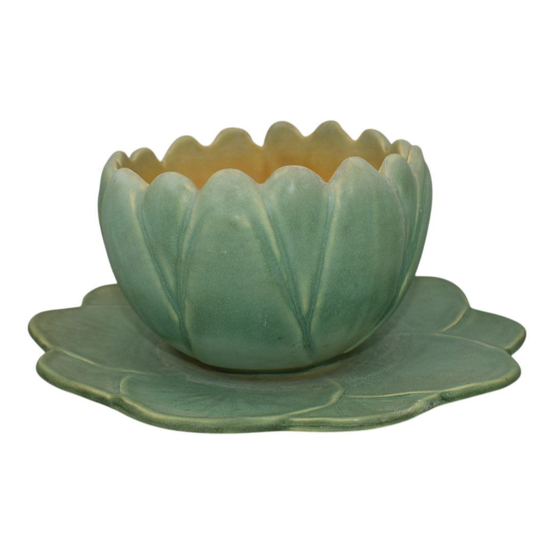 Weller Pumila 1920s Vintage Art Pottery Green Ceramic Water Lily Console Bowl