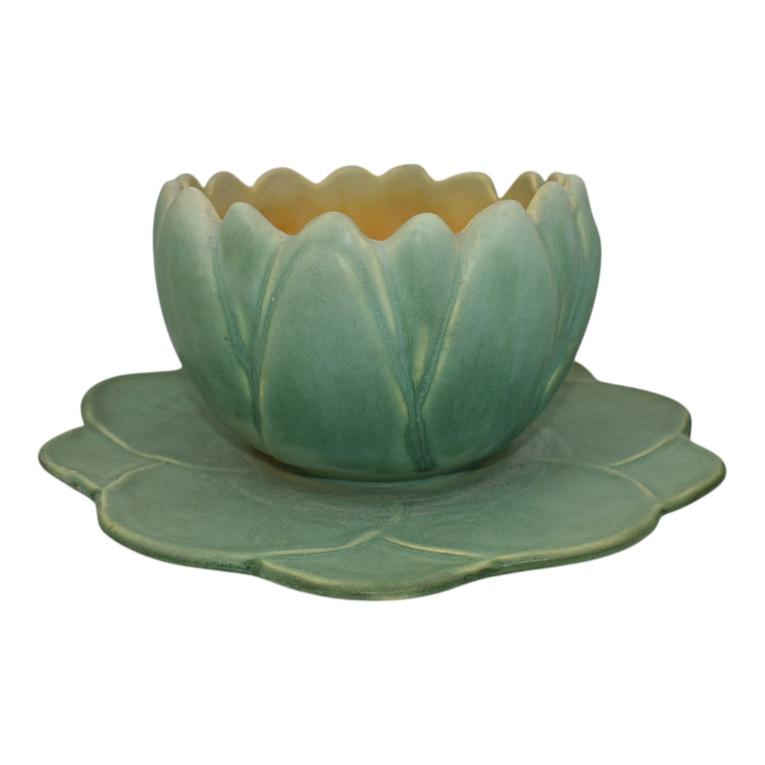Weller Pumila 1920s Vintage Art Pottery Green Ceramic Water Lily Console Bowl - Just Art Pottery