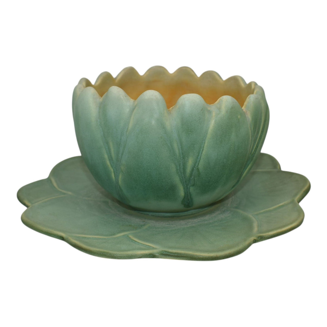 Weller Pumila 1920s Vintage Art Pottery Green Ceramic Water Lily Console Bowl - Just Art Pottery