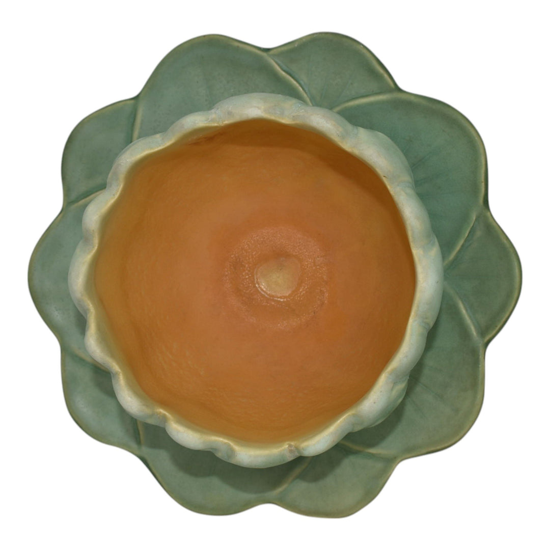 Weller Pumila 1920s Vintage Art Pottery Green Ceramic Water Lily Console Bowl - Just Art Pottery