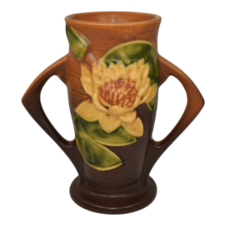 Roseville Water Lily 1943 Vintage Art Pottery Brown Ceramic Handled Vase 72-6