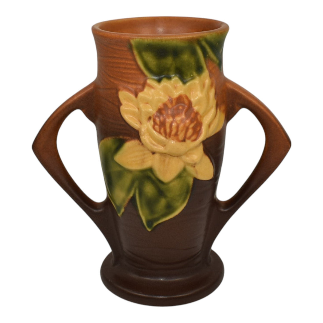 Roseville Water Lily 1943 Vintage Art Pottery Brown Ceramic Handled Vase 72-6