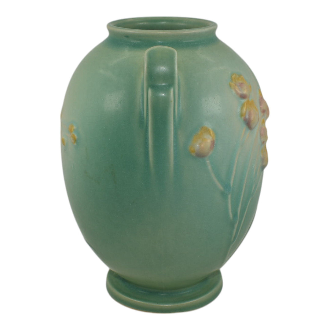 Roseville Ixia Green 1937 Vintage Art Deco Pottery Handled Ceramic Vase 855-7