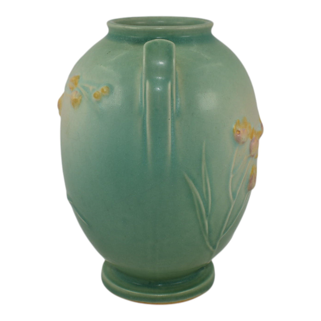 Roseville Ixia Green 1937 Vintage Art Deco Pottery Handled Ceramic Vase 855-7