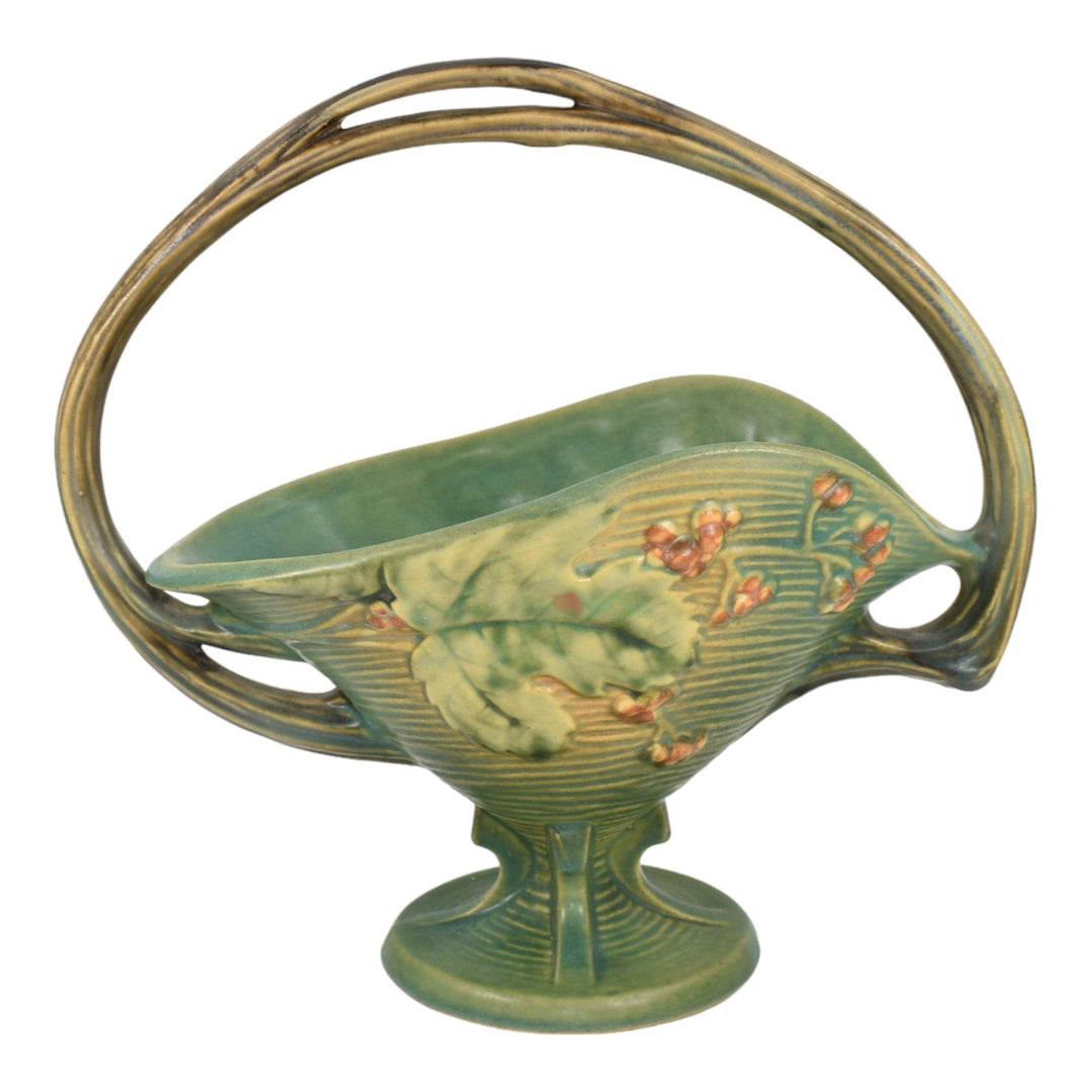 Roseville Bushberry Green 1941 Mid Century Modern Pottery Ceramic Basket 372-12 - Just Art Pottery