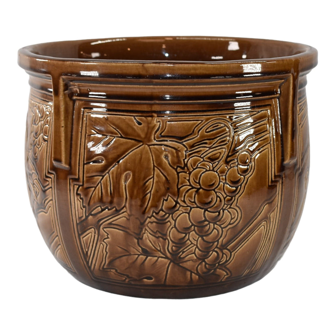 Weller Art Pottery Grapes Leaves Brown Buttressed Jardiniere Planter - Just Art Pottery
