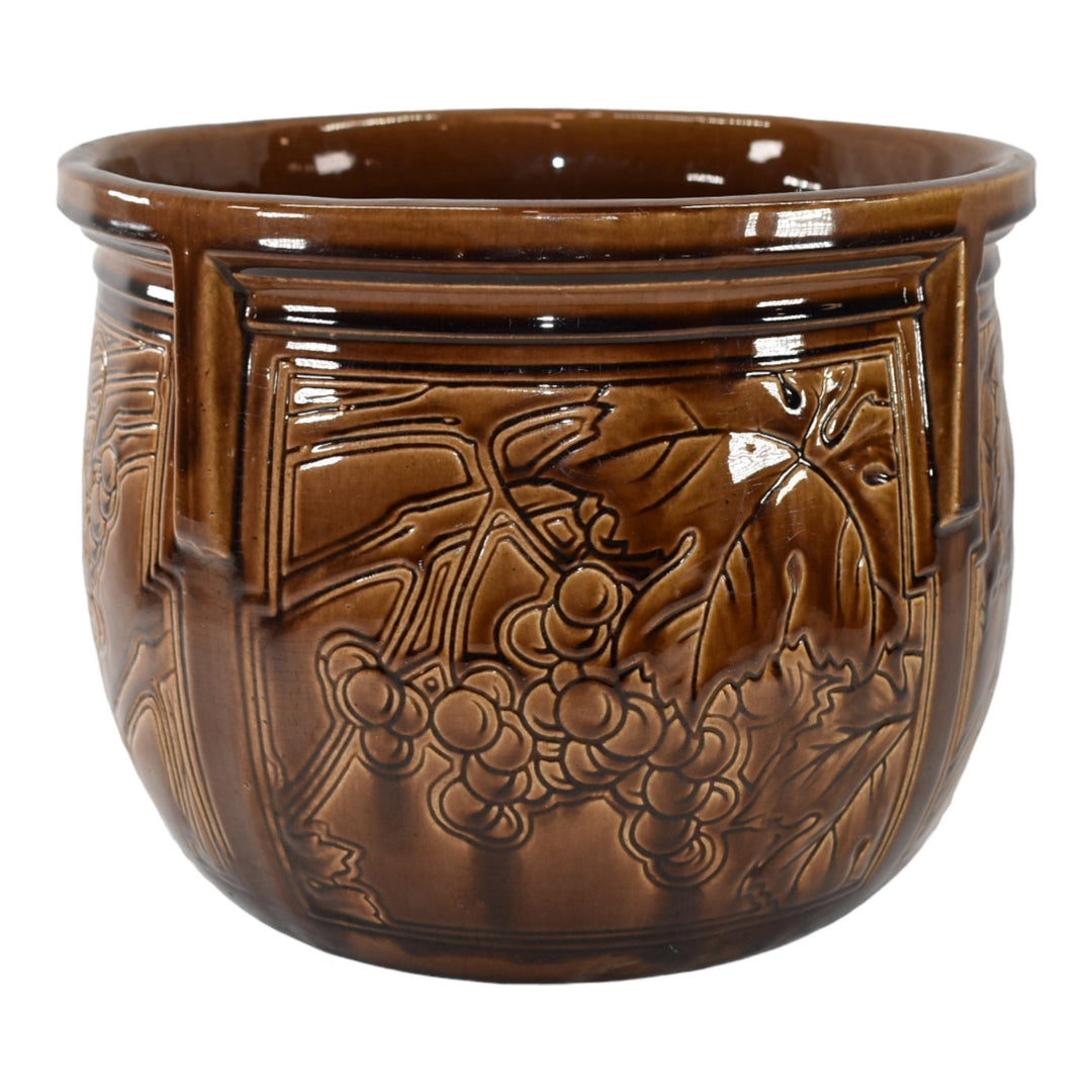 Weller Art Pottery Grapes Leaves Brown Buttressed Jardiniere Planter - Just Art Pottery