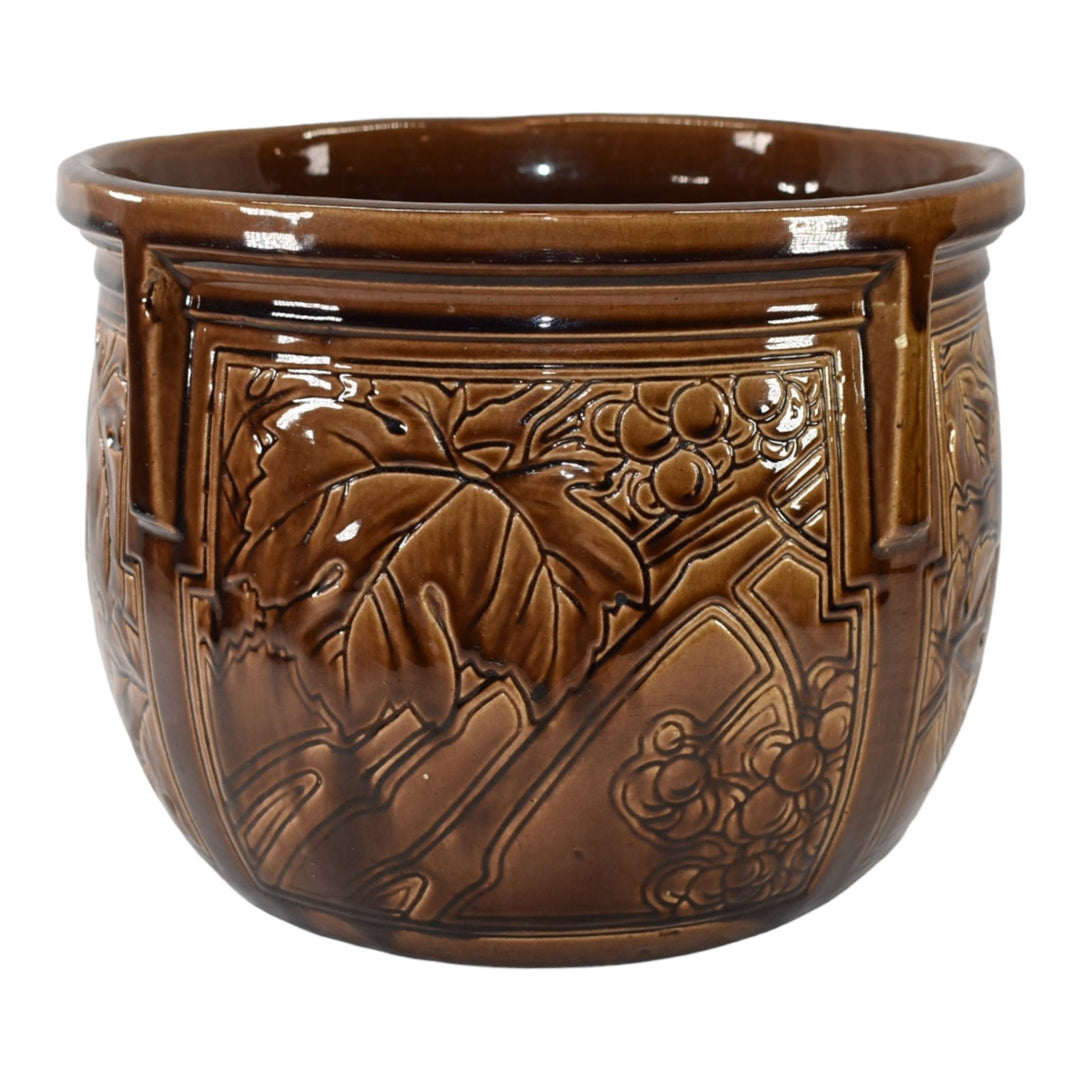 Weller Art Pottery Grapes Leaves Brown Buttressed Jardiniere Planter - Just Art Pottery