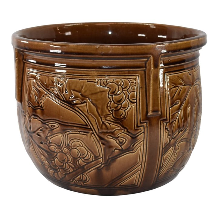 Weller Art Pottery Grapes Leaves Brown Buttressed Jardiniere Planter - Just Art Pottery