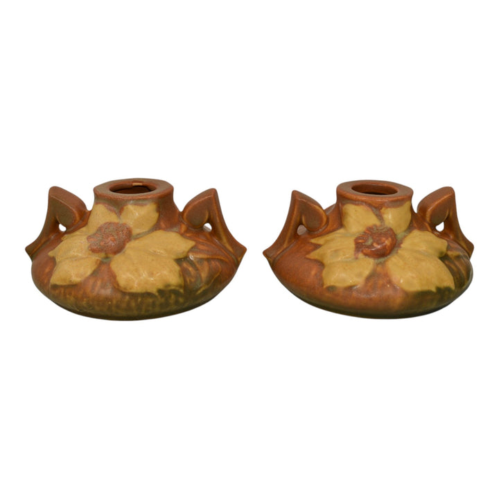 Roseville Clematis Brown 1944 Mid Century Modern Pottery Candle Holders 1158-2 - Just Art Pottery