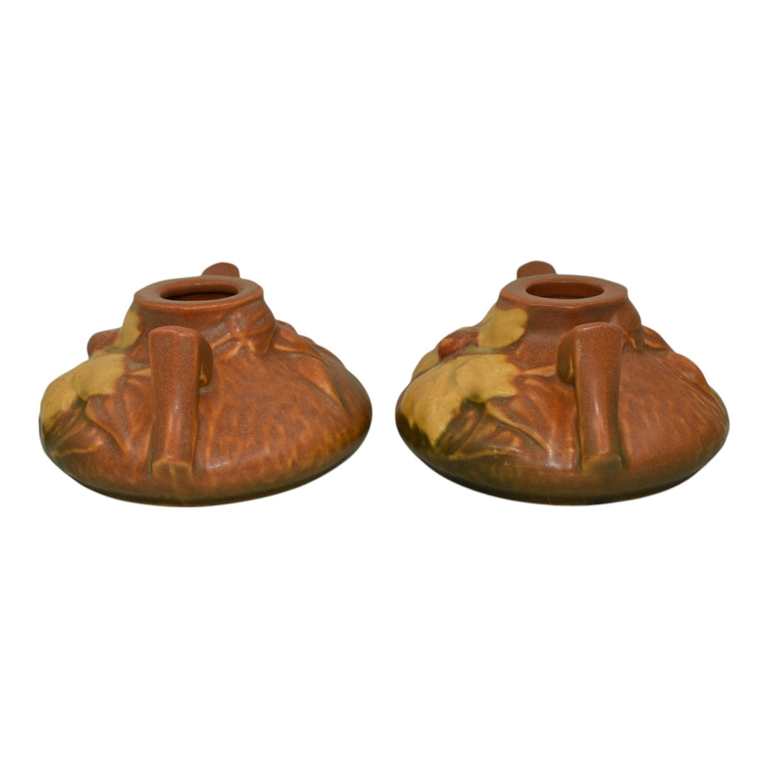 Roseville Clematis Brown 1944 Mid Century Modern Pottery Candle Holders 1158-2 - Just Art Pottery