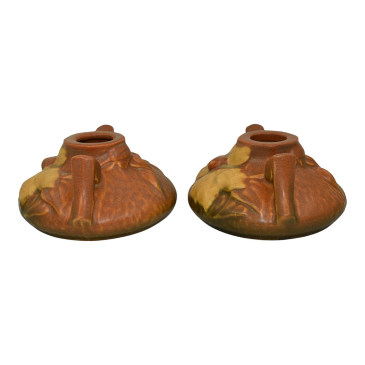 Roseville Clematis Brown 1944 Mid Century Modern Pottery Candle Holders 1158-2 - Just Art Pottery