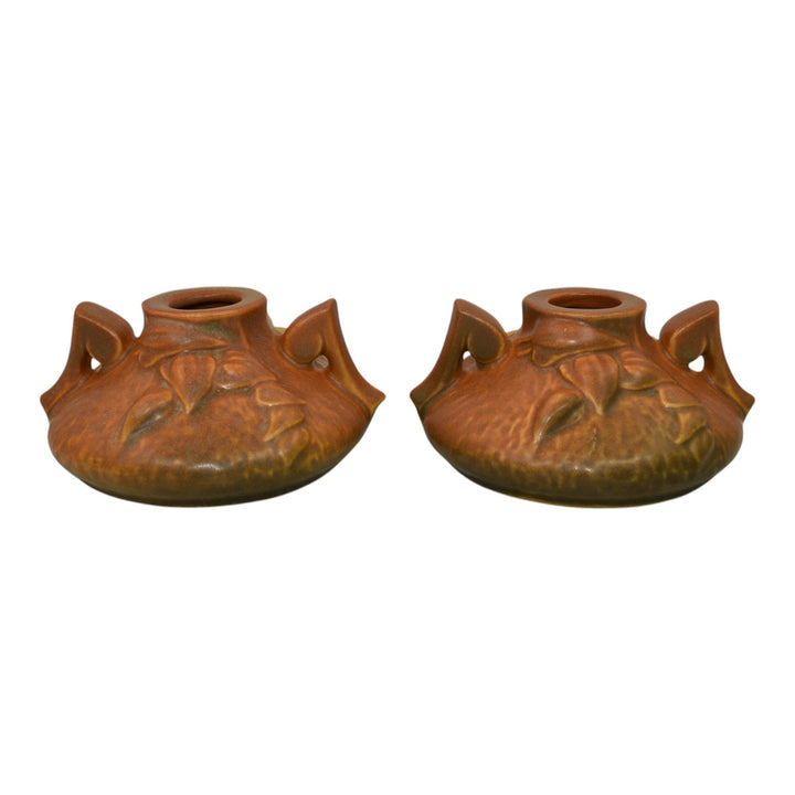 Roseville Clematis Brown 1944 Mid Century Modern Pottery Candle Holders 1158-2 - Just Art Pottery