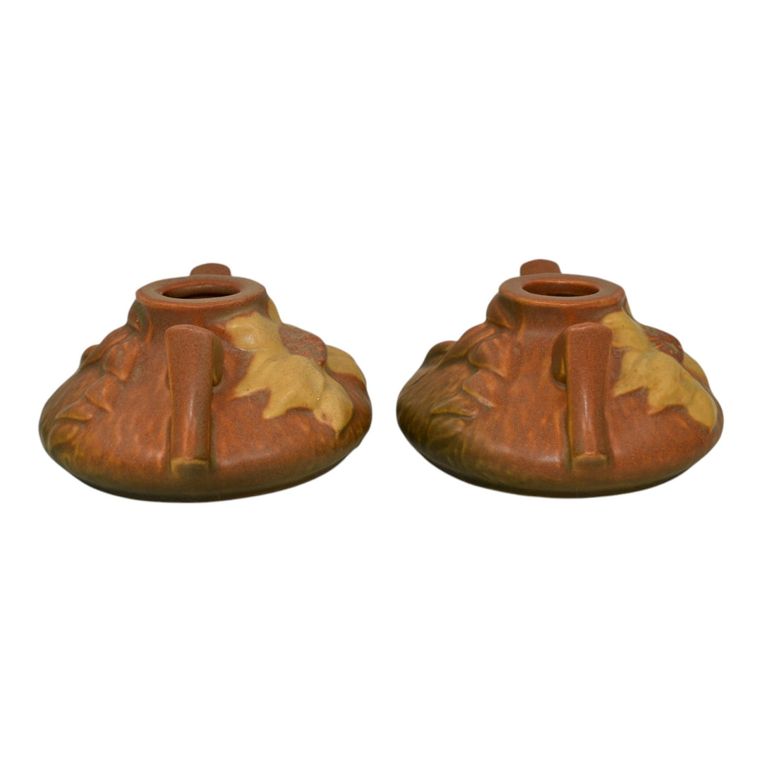Roseville Clematis Brown 1944 Mid Century Modern Pottery Candle Holders 1158-2 - Just Art Pottery