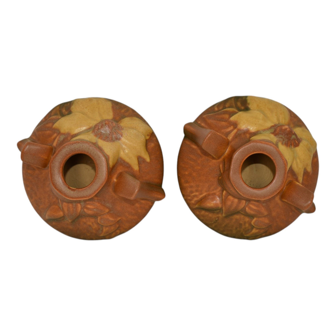 Roseville Clematis Brown 1944 Mid Century Modern Pottery Candle Holders 1158-2 - Just Art Pottery