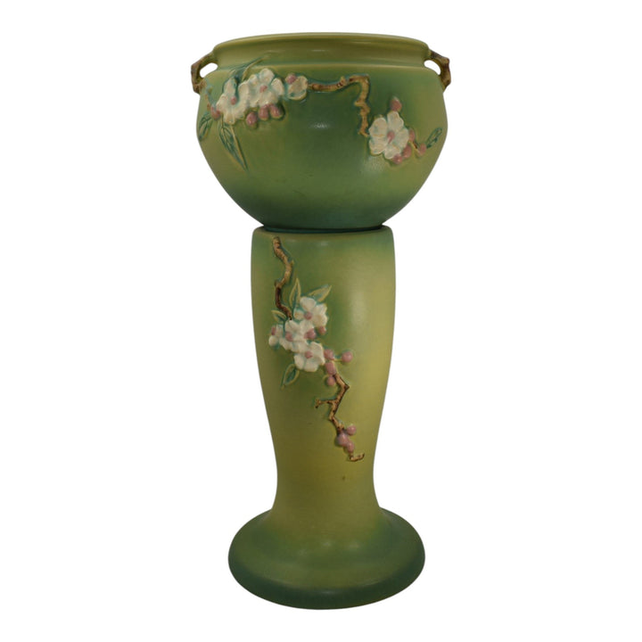 Roseville Apple Blossom Green 1949 Vintage Pottery Jardiniere Pedestal 302-8