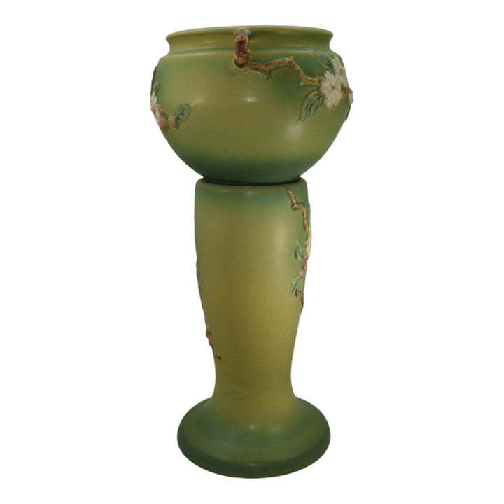 Roseville Apple Blossom Green 1949 Vintage Pottery Jardiniere Pedestal 302-8