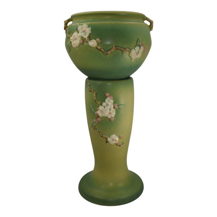 Roseville Apple Blossom Green 1949 Vintage Pottery Jardiniere Pedestal 302-8