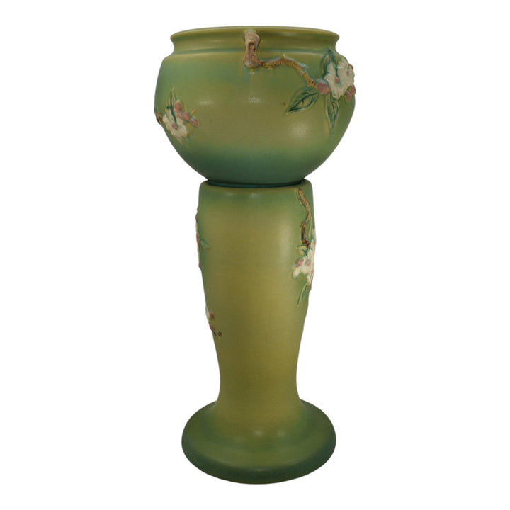 Roseville Apple Blossom Green 1949 Vintage Pottery Jardiniere Pedestal 302-8