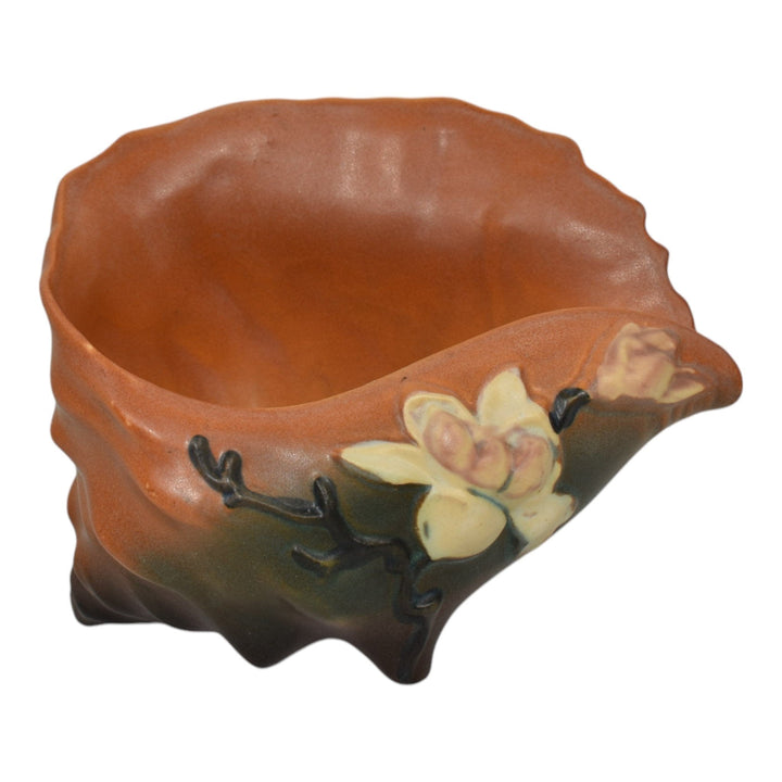 Roseville Magnolia Brown 1943 Vintage Art Pottery Conch Shell Planter Vase 453-6 - Just Art Pottery