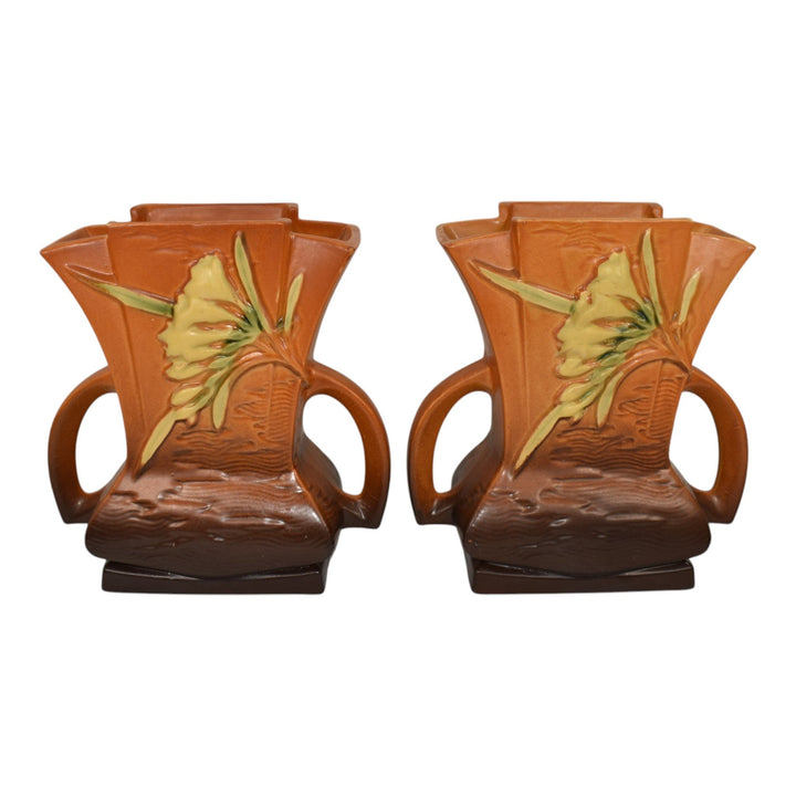 Roseville Freesia Brown 1945 Vintage Pottery Handled Ceramic Pillow Vases 200-7 - Just Art Pottery
