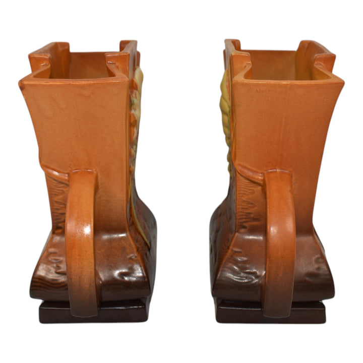 Roseville Freesia Brown 1945 Vintage Pottery Handled Ceramic Pillow Vases 200-7 - Just Art Pottery