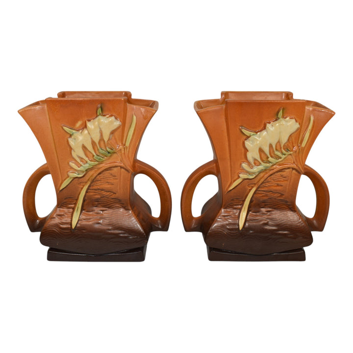 Roseville Freesia Brown 1945 Vintage Pottery Handled Ceramic Pillow Vases 200-7 - Just Art Pottery