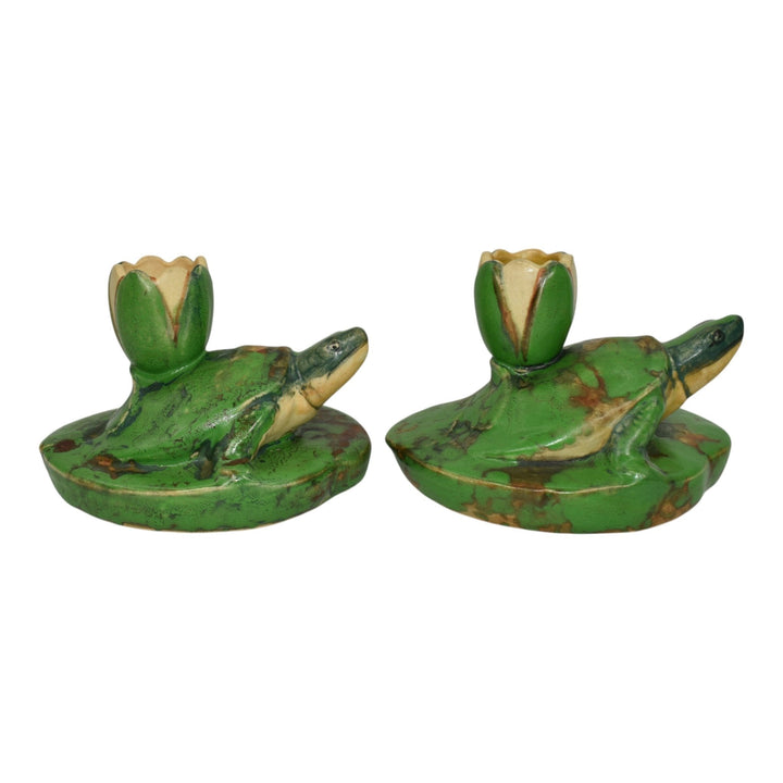 Weller Coppertone 1920s Art Pottery Green Turtle Lily Pad Flower Candle Holders