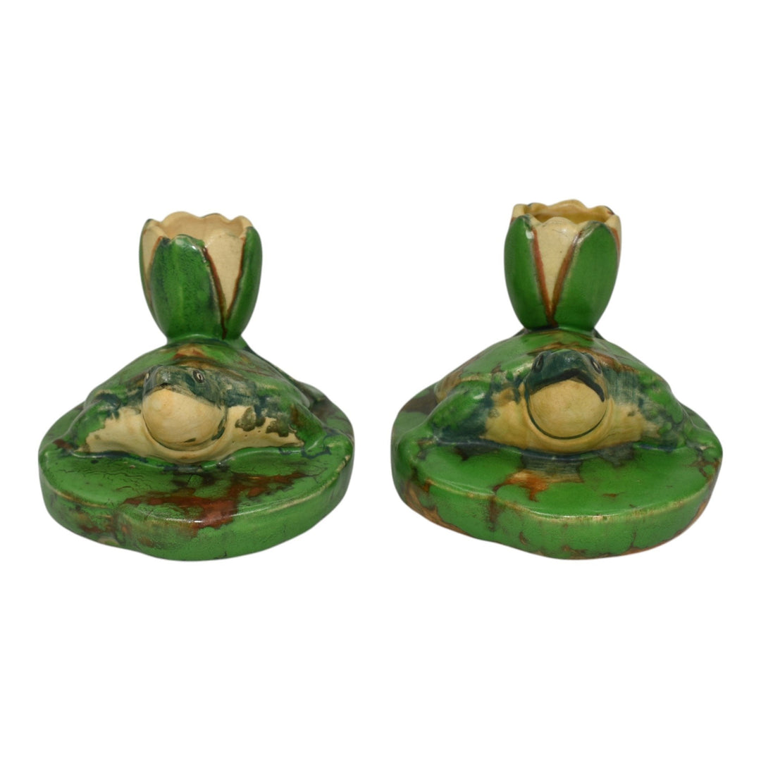 Weller Coppertone 1920s Art Pottery Green Turtle Lily Pad Flower Candle Holders