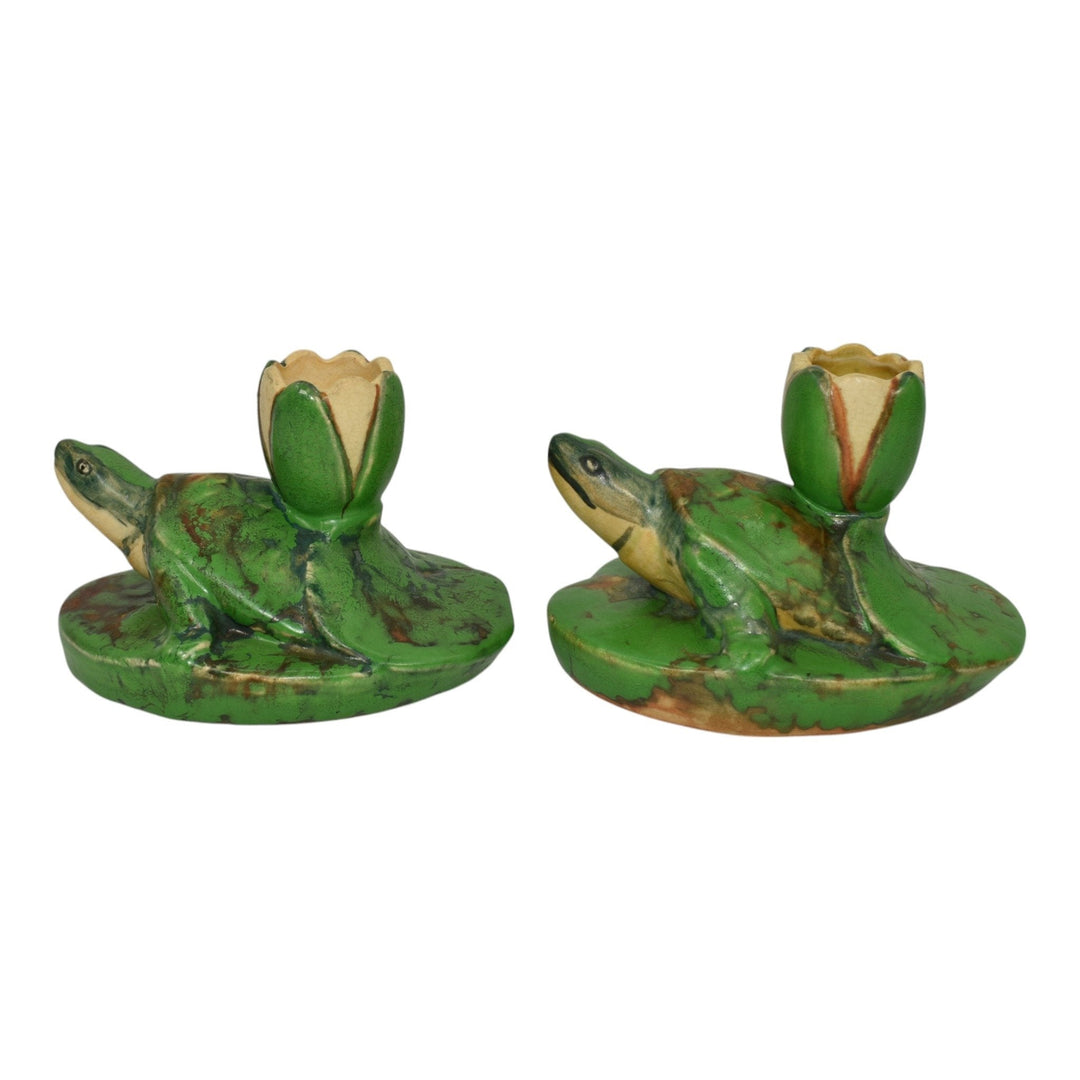 Weller Coppertone 1920s Art Pottery Green Turtle Lily Pad Flower Candle Holders