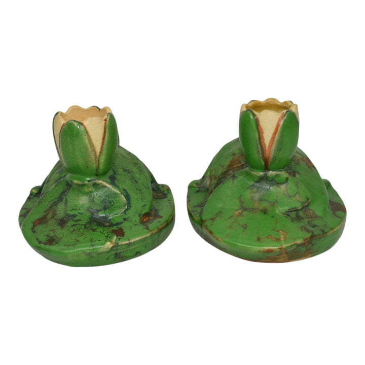 Weller Coppertone 1920s Art Pottery Green Turtle Lily Pad Flower Candle Holders