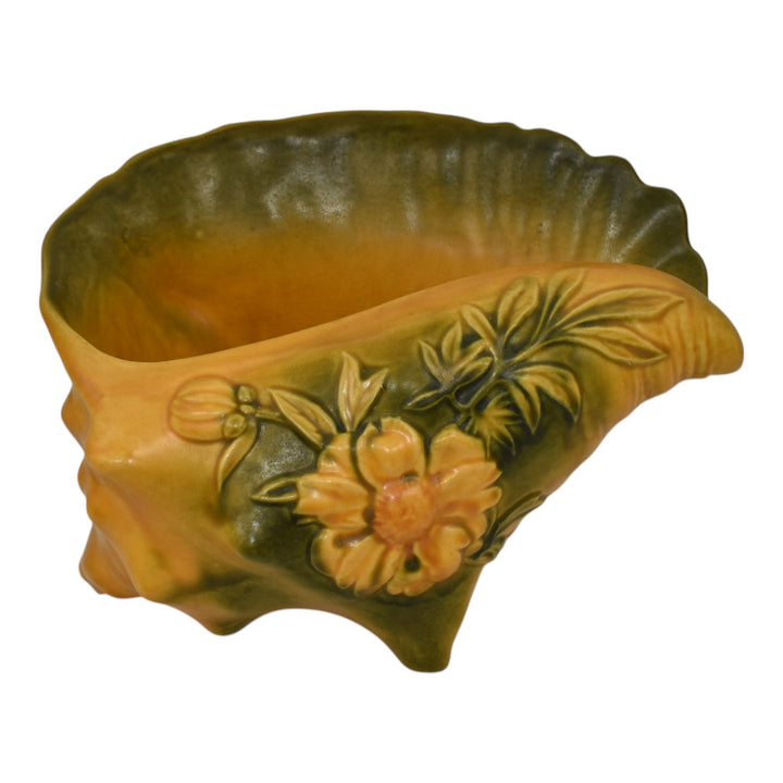 Roseville Peony Yellow 1942 Vintage Art Pottery Conch Shell Planter Vase 436