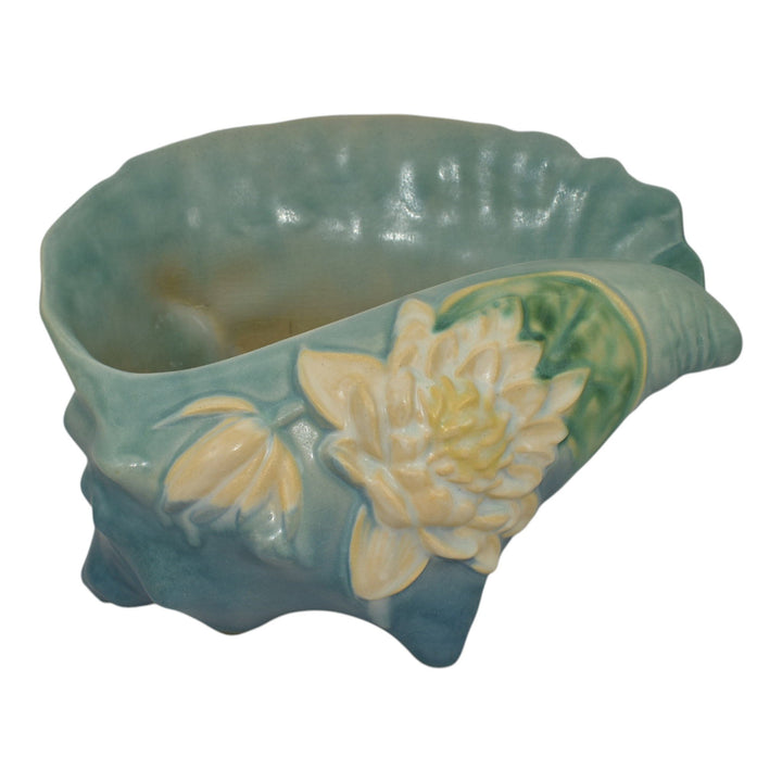 Roseville Water Lily Blue 1943 Vintage Pottery Conch Shell Planter Vase 438-8