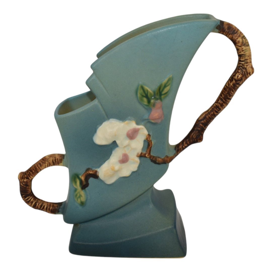 Roseville Apple Blossom Blue 1949 Mid Century Modern Pottery Ceramic Vase 373-7 - Just Art Pottery