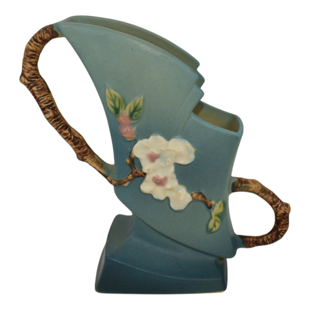 Roseville Apple Blossom Blue 1949 Mid Century Modern Pottery Ceramic Vase 373-7 - Just Art Pottery