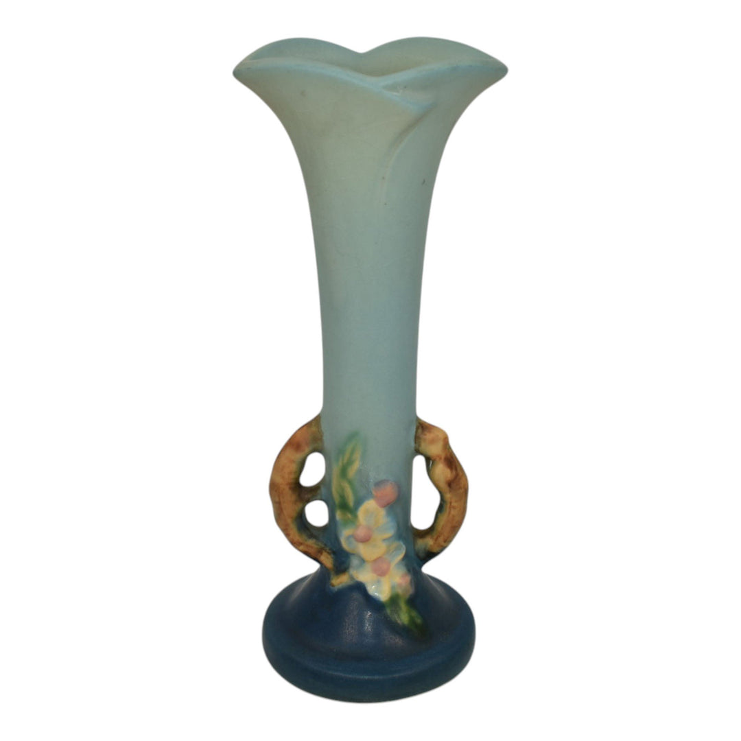 Roseville Apple Blossom Blue 1949 Mid Century Modern Art Pottery Bud Vase 379-7 - Just Art Pottery